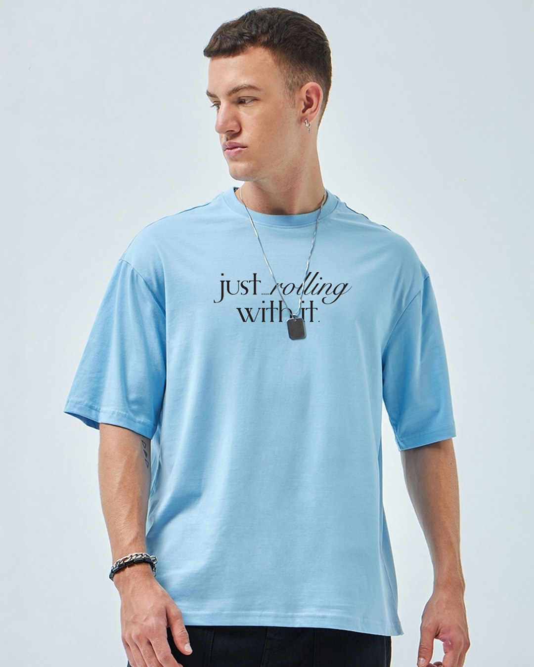 Shop Men's Chambray Blue Justrolling Graphic Printed Oversized T-shirt-Back