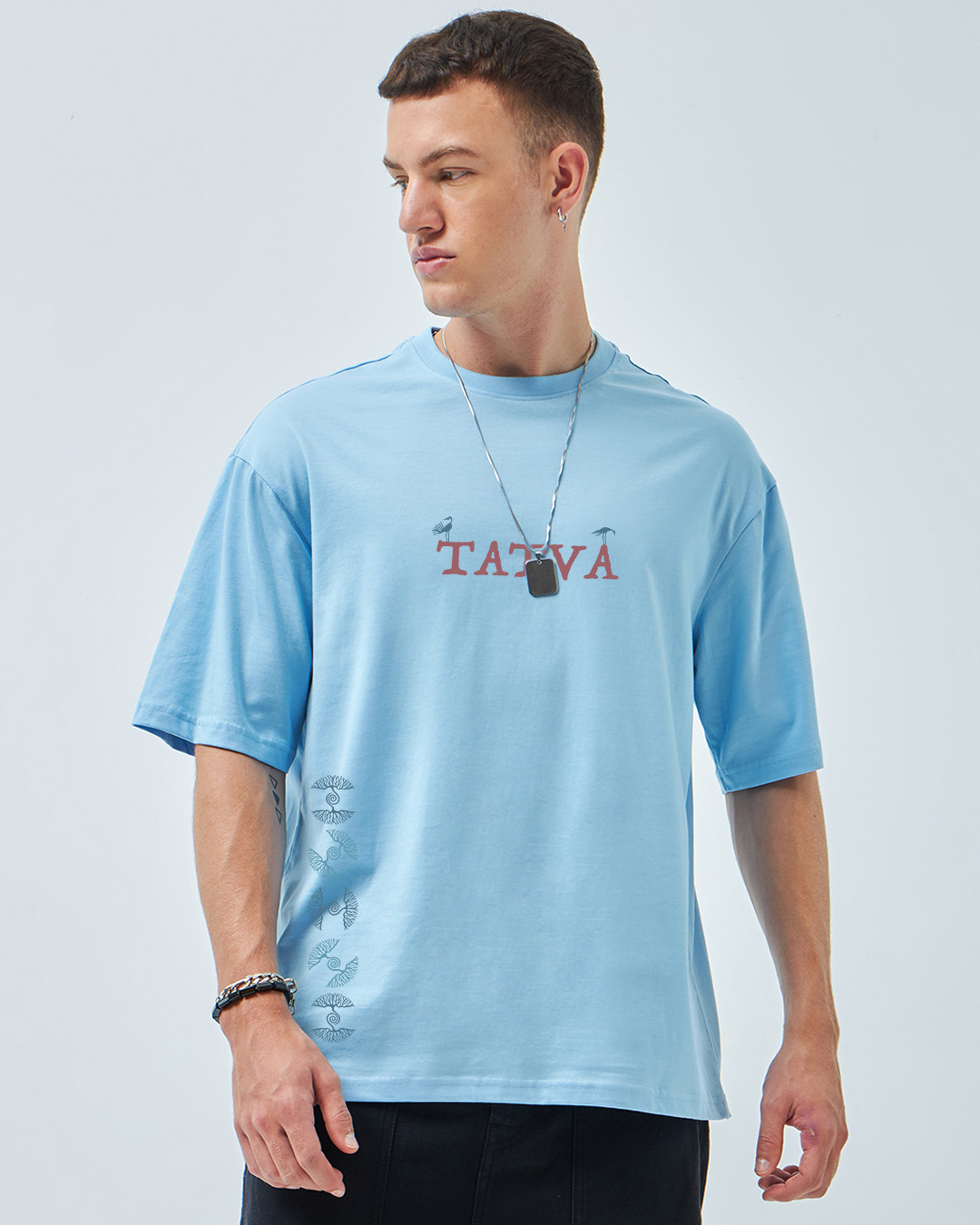 Shop Men's Chambray Blue Tatva Doodles Graphic Printed Oversized T-shirt-Back