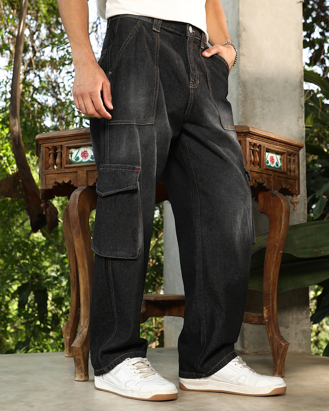 Shop Men's Charcoal Black Washed Straight Fit Cargo Jeans-Back