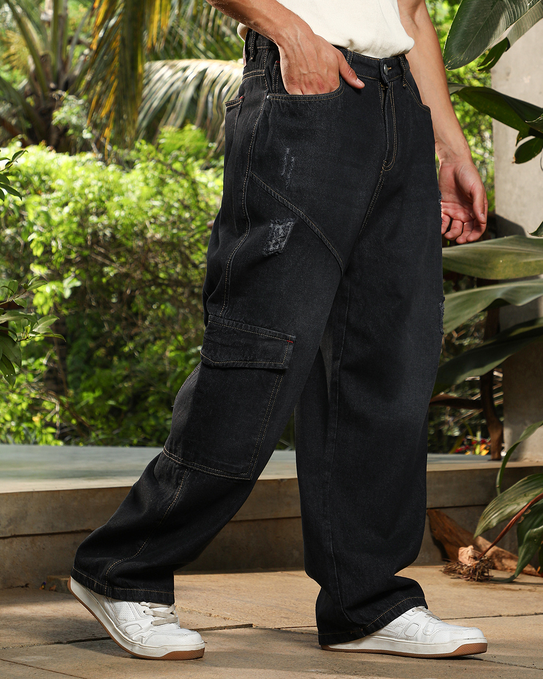 Shop Men's Charcoal Black Washed Straight Fit Distressed Cargo Jeans-Back