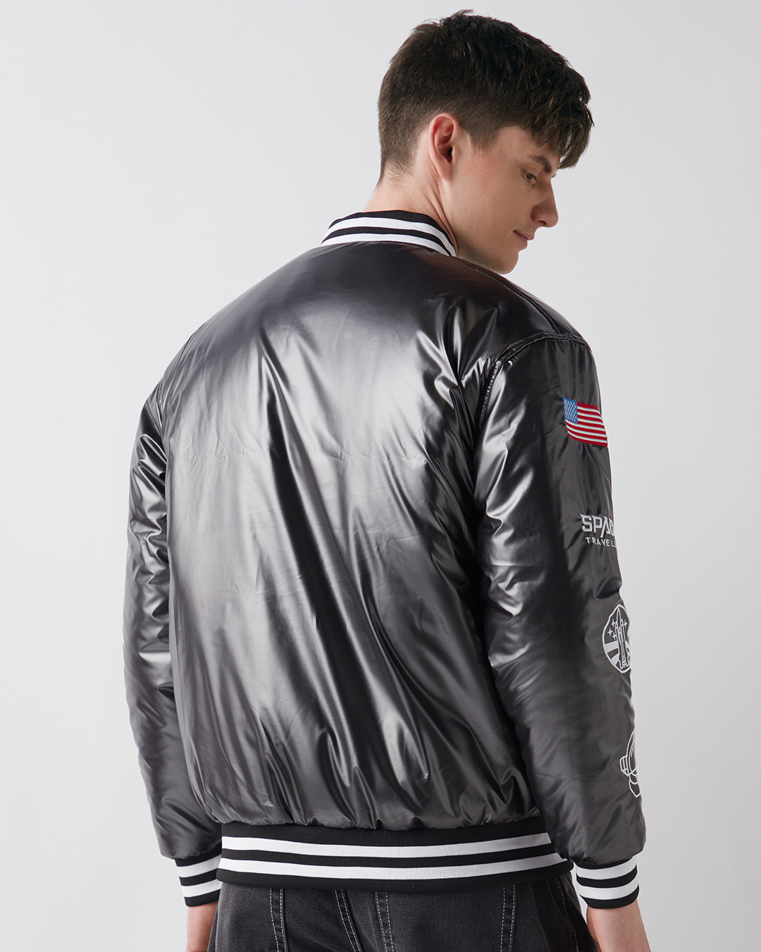 Shop Men's Black Nasa Graphic Printed Oversized Bomber Jacket-Back