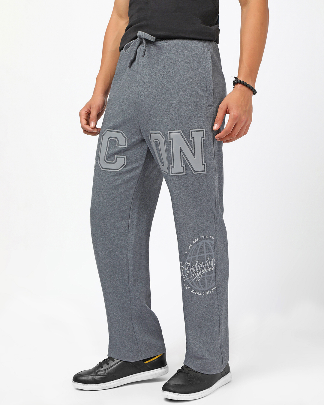 Shop Men's Charcoal Grey Icon Graphic Printed Oversized Wide Leg Track Pants-Back
