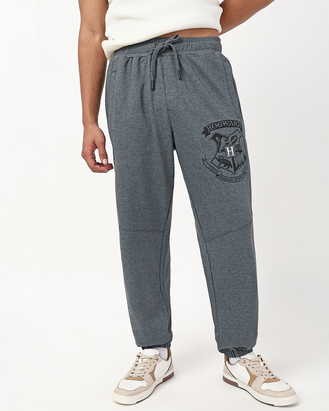 Shop Men's Charcoal Grey Melange Hogwarts Graphic Printed Oversized Joggers-Back