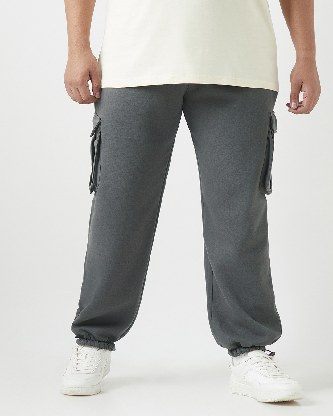 Shop Men's Charcoal Grey Oversized Plus Size Cargo Joggers-Back