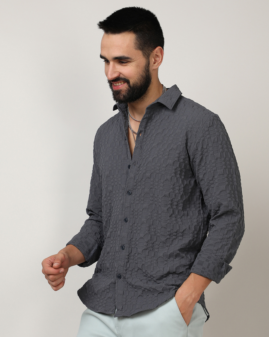 Shop Men's Charcoal Grey Textured Shirt-Back