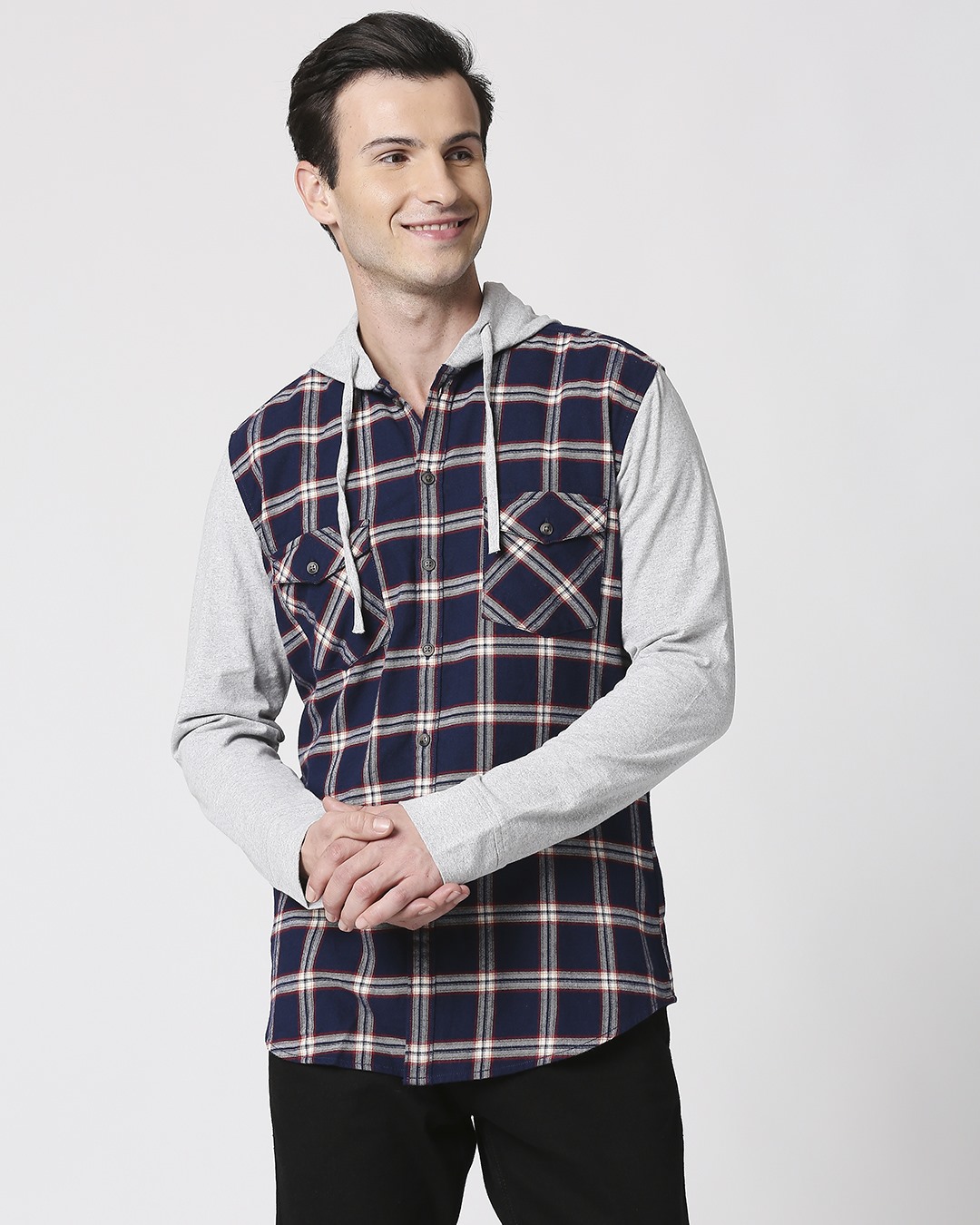 Shop Men's Checks Relaxed Fit Hoodie Shirt-Back