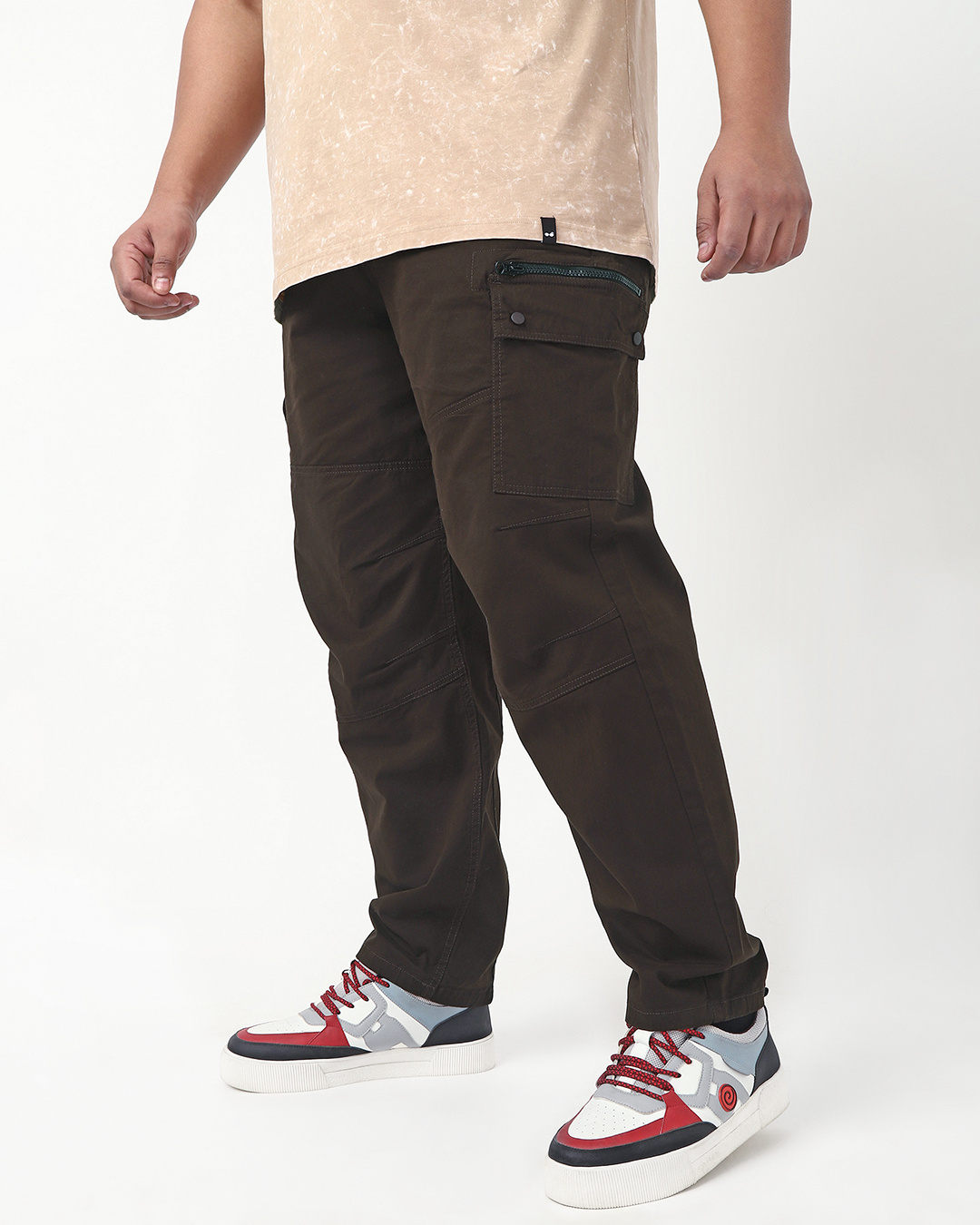 Shop Men's Chocolate Brown Baggy Oversized Plus Size Cargo Pants-Back