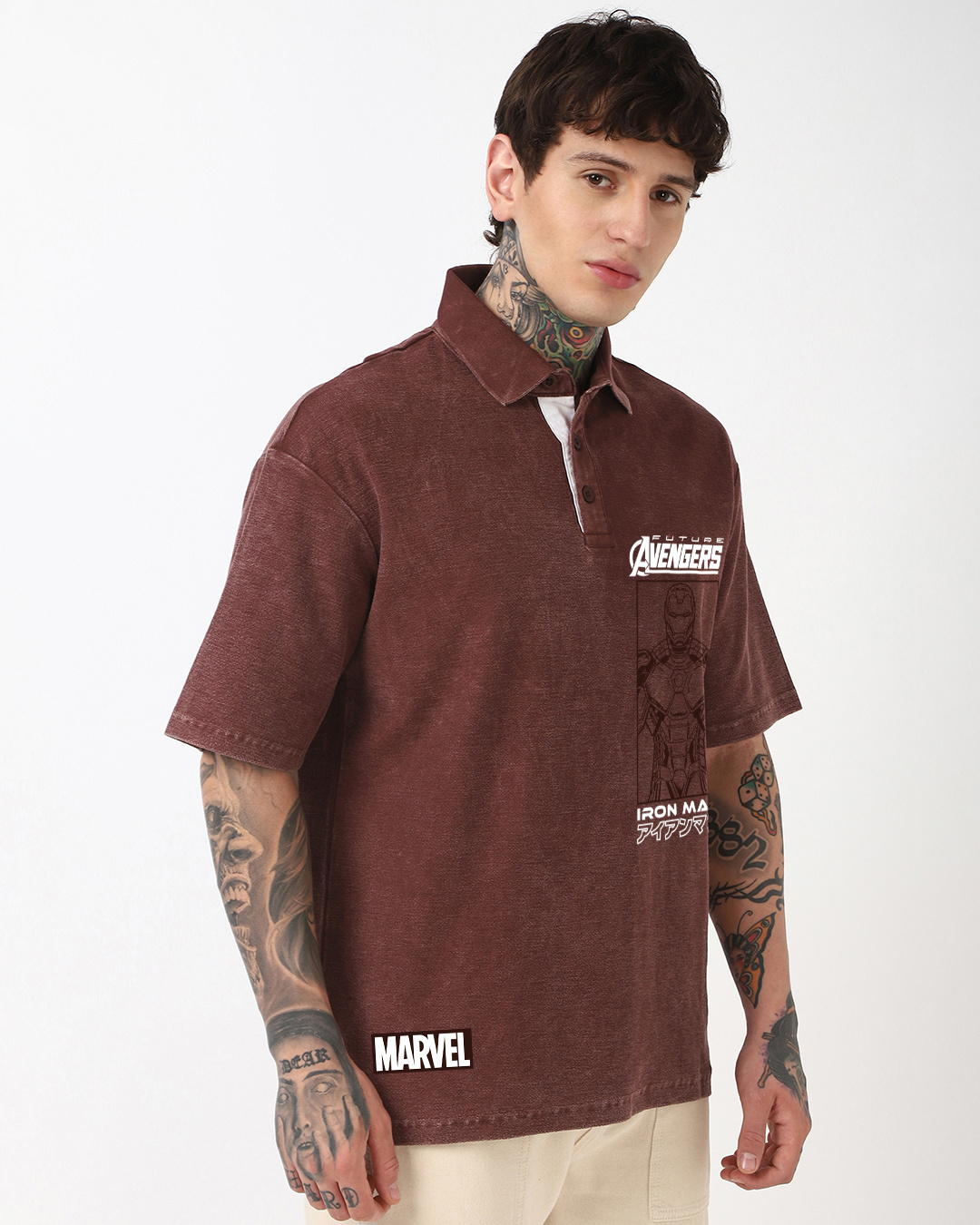 Shop Men's Chocolate Brown Iron Man Graphic Printed Oversized Acid Wash Polo T-shirt-Back