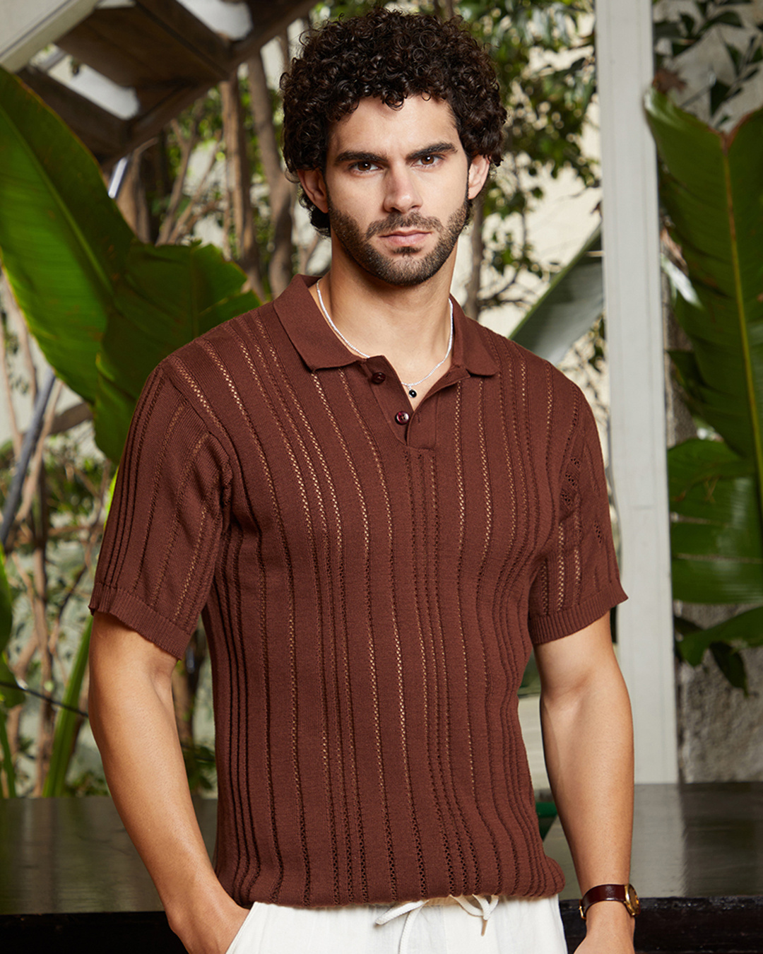 Shop Men's Chocolate Brown Textured Slim Fit Polo T-shirt-Back
