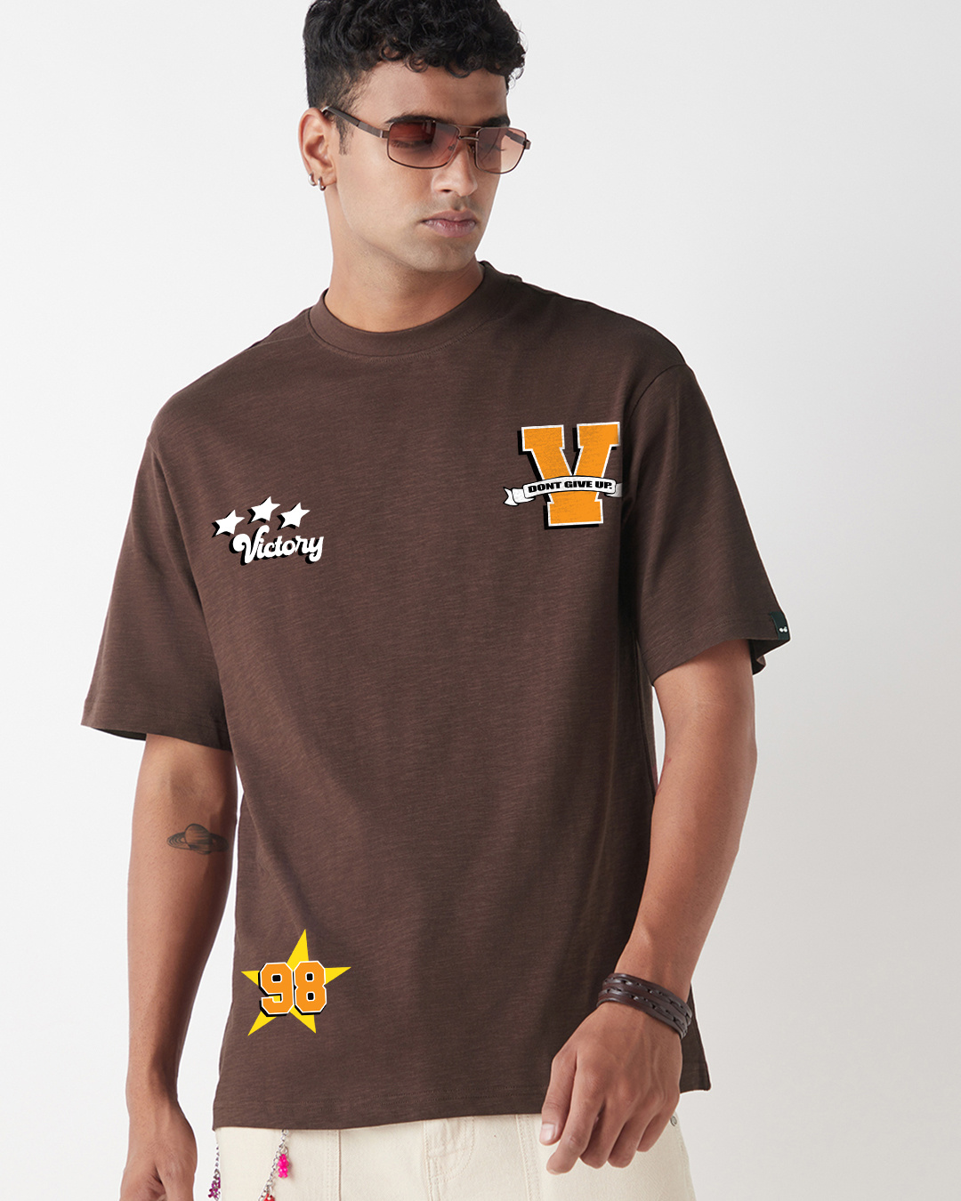 Shop Men's Chocolate Brown Victory Varsity Typography Oversized T-shirt-Back