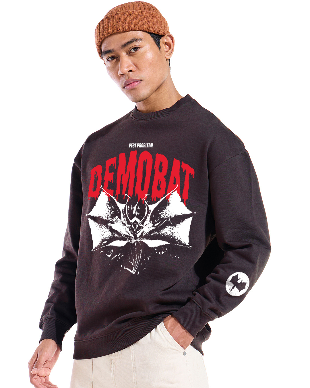 Shop Men's Chocolate Tarte Brown Demo Bat Graphic Printed Oversized Sweatshirt-Back