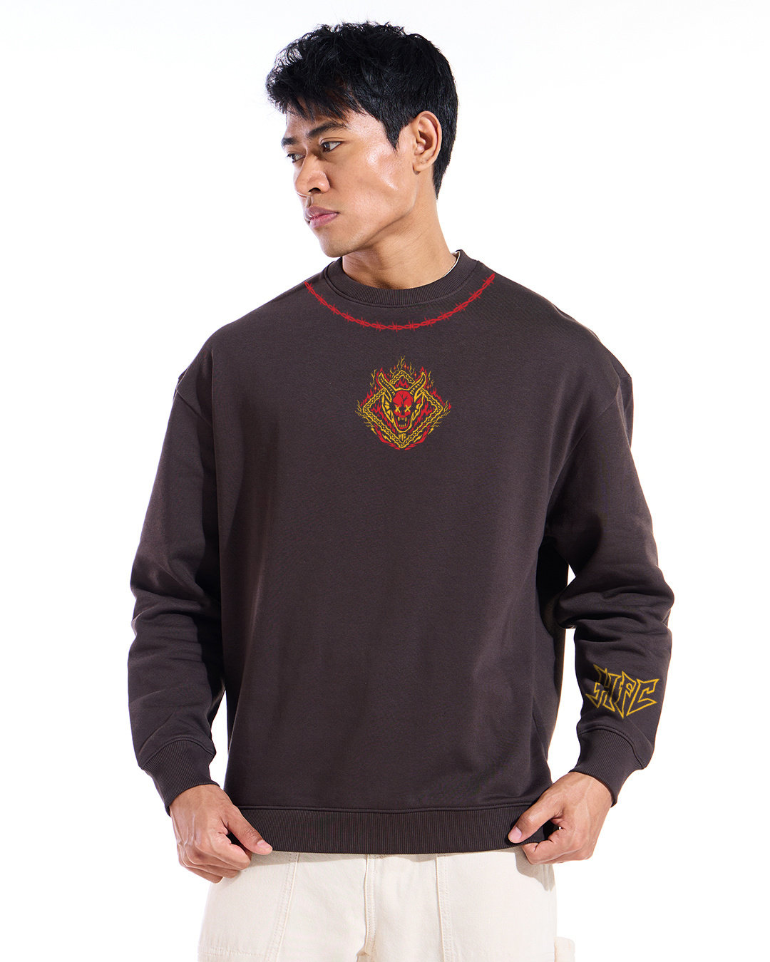 Shop Men's Chocolate Tarte Brown Hellfire Club Graphic Printed Oversized Sweatshirt-Back