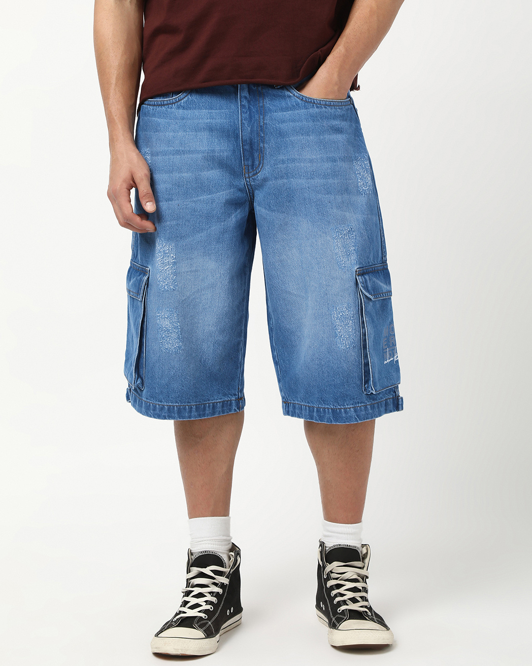 Shop Men's Blue Washed Baggy Fit Cargo Shorts-Back