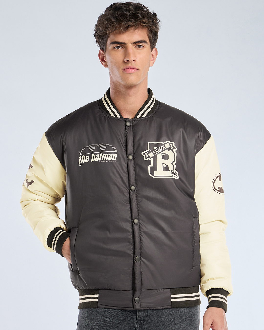 Shop Men's Coffee Brown & Beige Batman Graphic Printed Oversized Bomber Jacket-Back