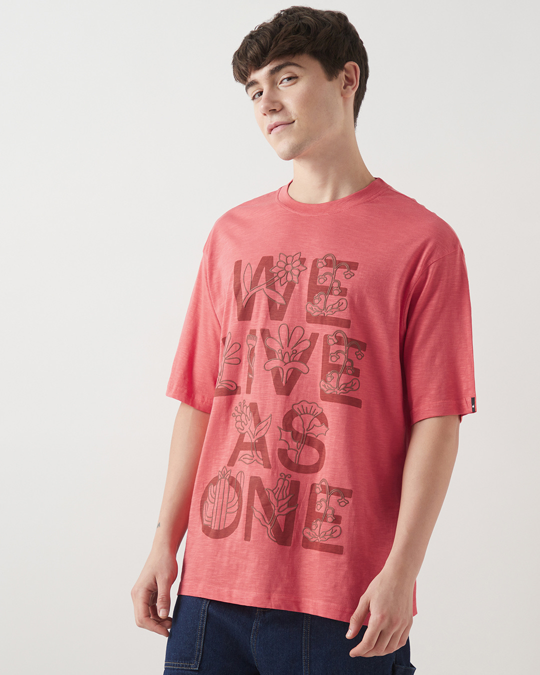 Shop Men's Coral Pink Live As One Graphic Printed Oversized T-shirt-Back