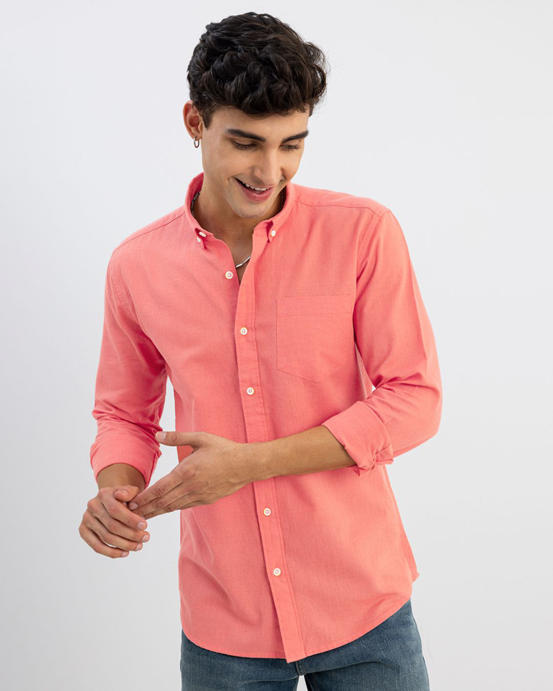 Shop Men's Coral Red Slim Fit Shirt-Back