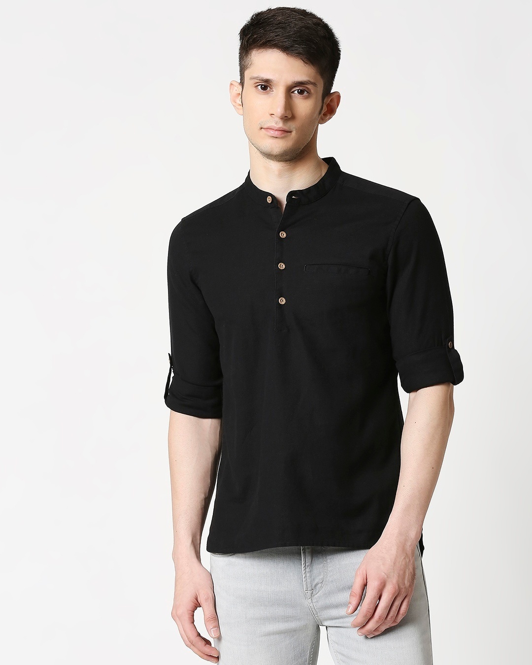 Shop Men's Cotton Solid Black Kurta-Back