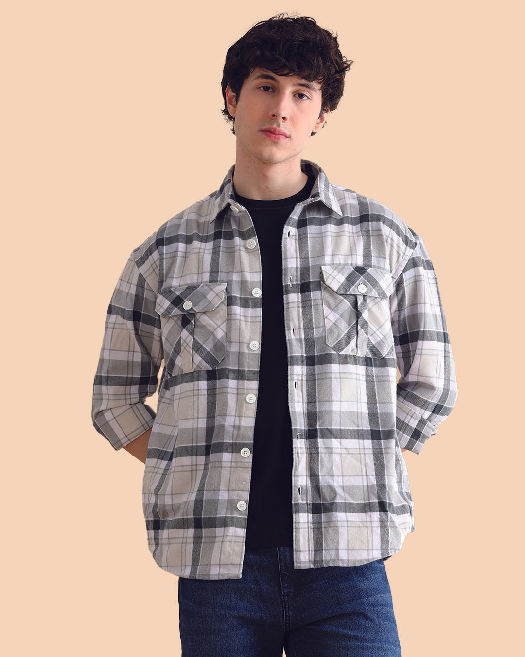 Buy Men's Cream & Black Checked Oversized Shacket Online at Bewakoof