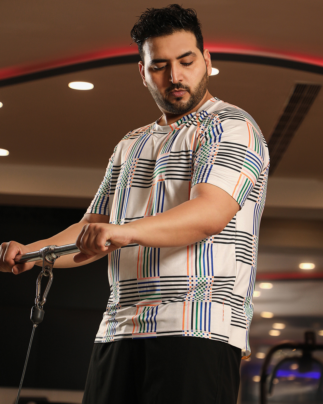 Shop Men's Cream Checked Oversized Plus Size T-shirt-Back
