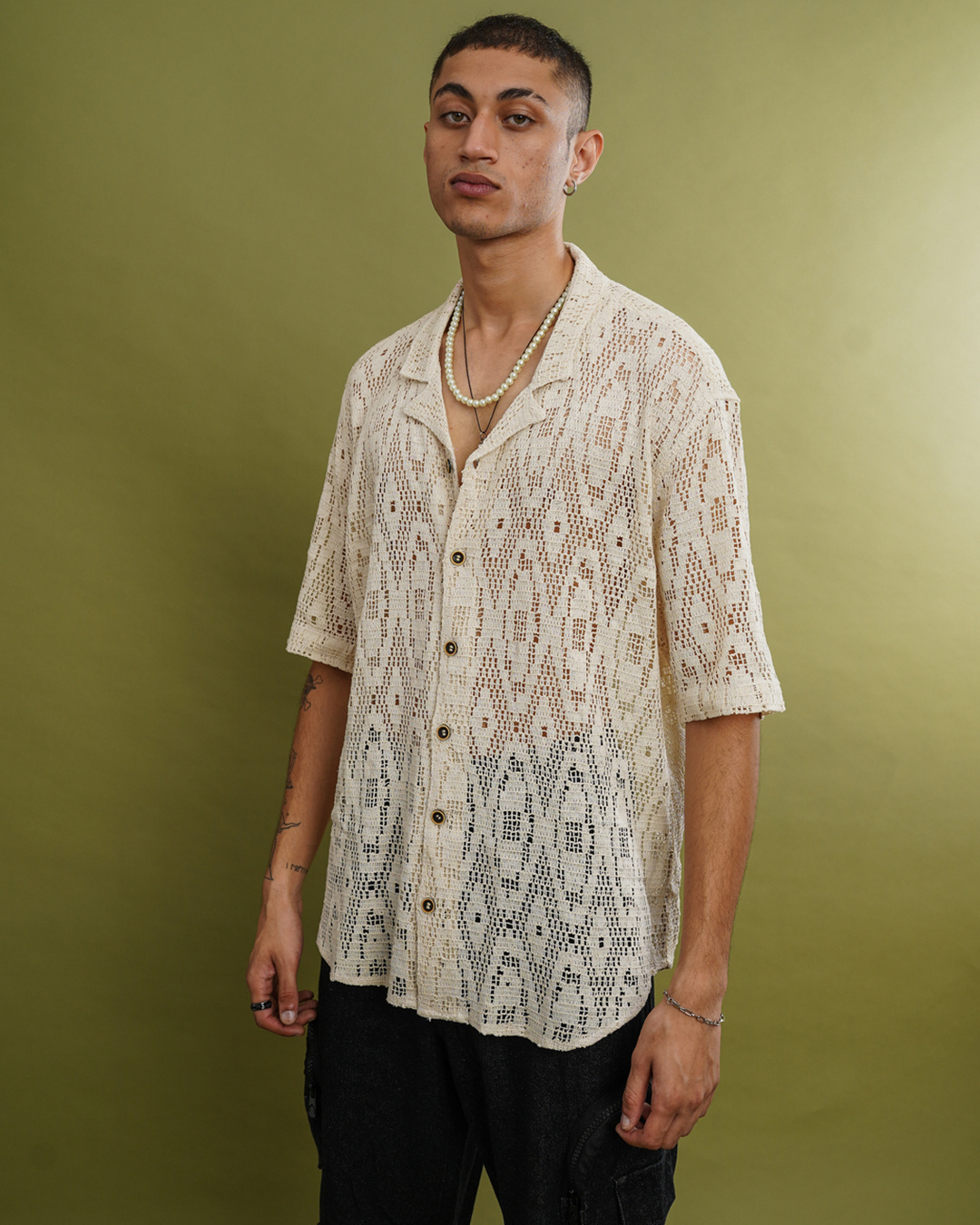 Shop Men's Cream Oversized Crochet Shirt-Back