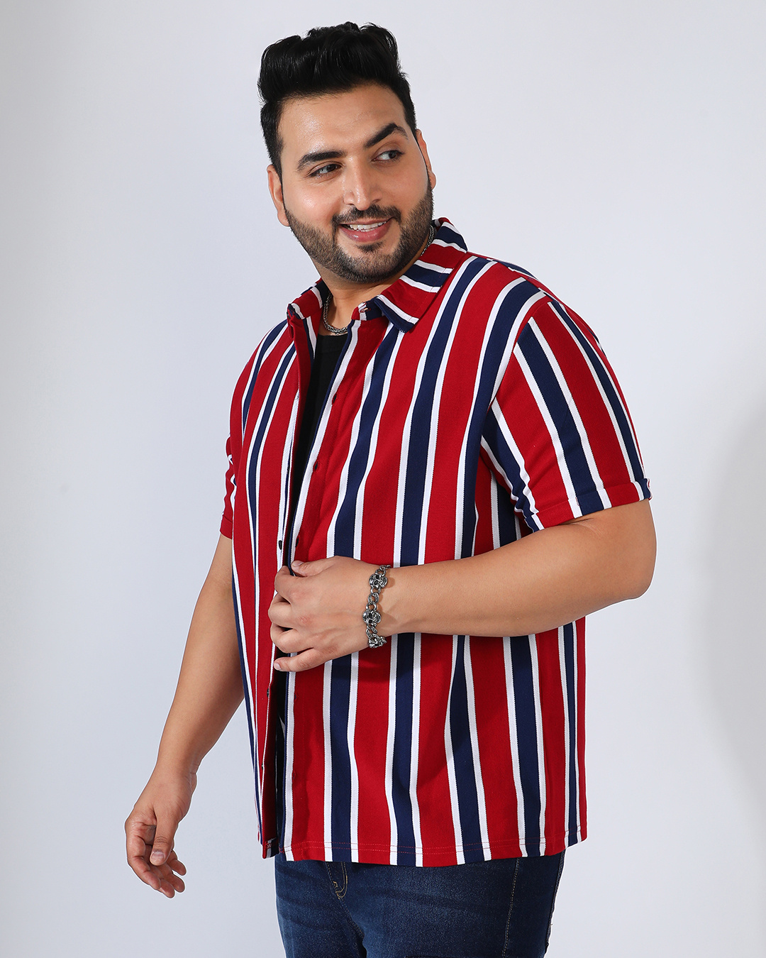 Shop Men's Crimson Red & Navy Blue Striped Oversized Plus Size Shirt-Back