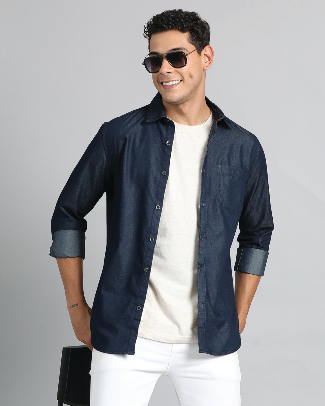 Buy Men's Dark Blue Denim Shirt Online at Bewakoof