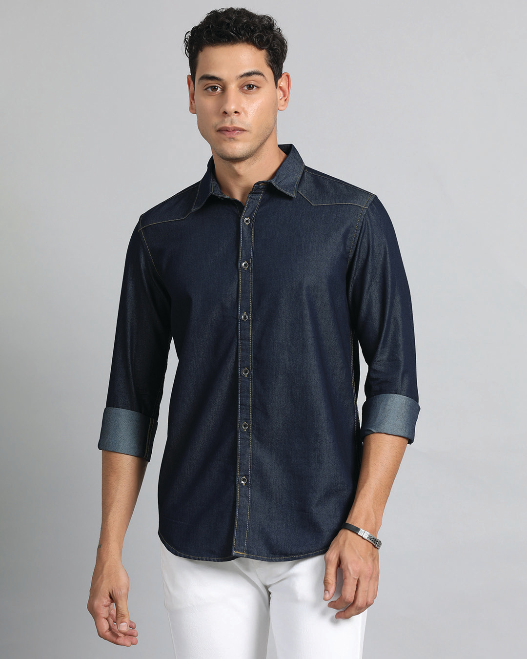 Shop Men's Dark Blue Denim Shirt-Back
