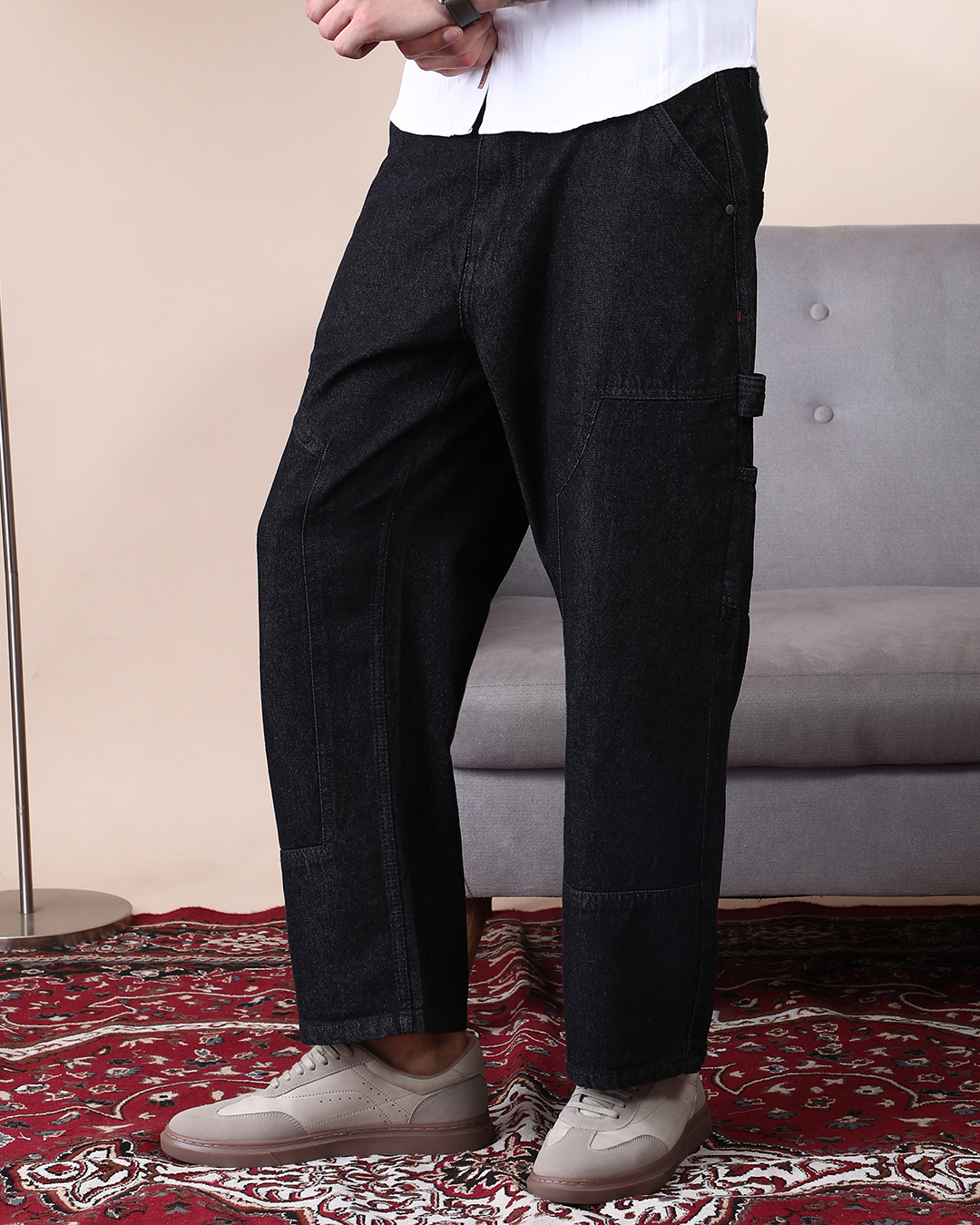 Shop Men's Dark Blue Washed Straight Fit Cargo Carpenter Jeans-Back