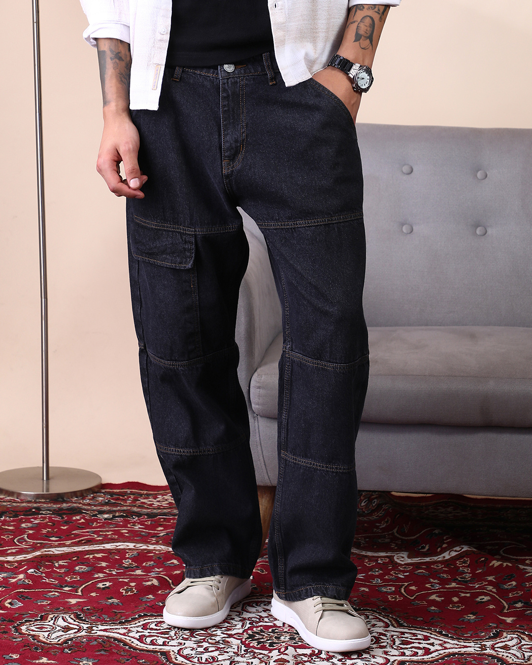 Shop Men's Dark Blue Washed Straight Fit Cargo Jeans-Back