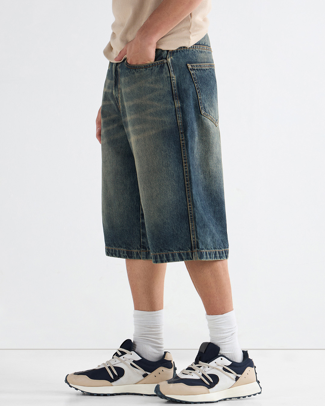 Shop Men's Dark Blue Washed Straight Fit Shorts-Back