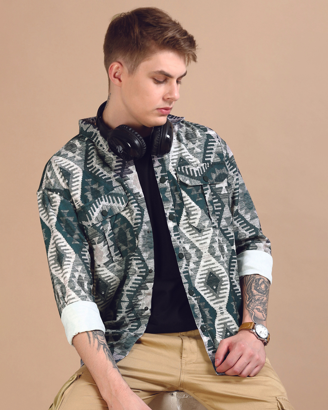 Buy Men's Dark Green All Over Printed Oversized Shacket Online at Bewakoof