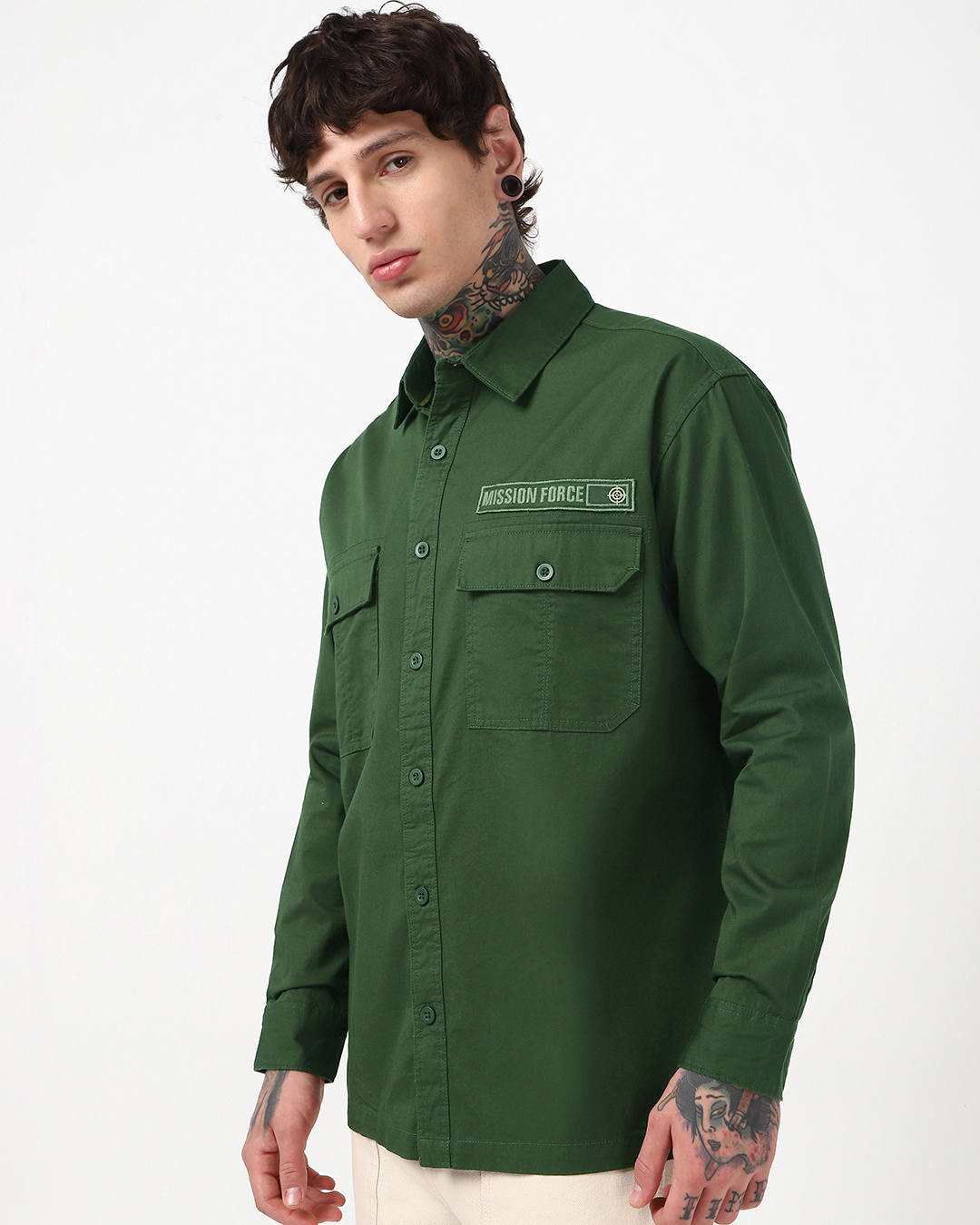 Shop Men's Dark Green Mission Force Batch Printed Oversized Cargo Shirt-Back