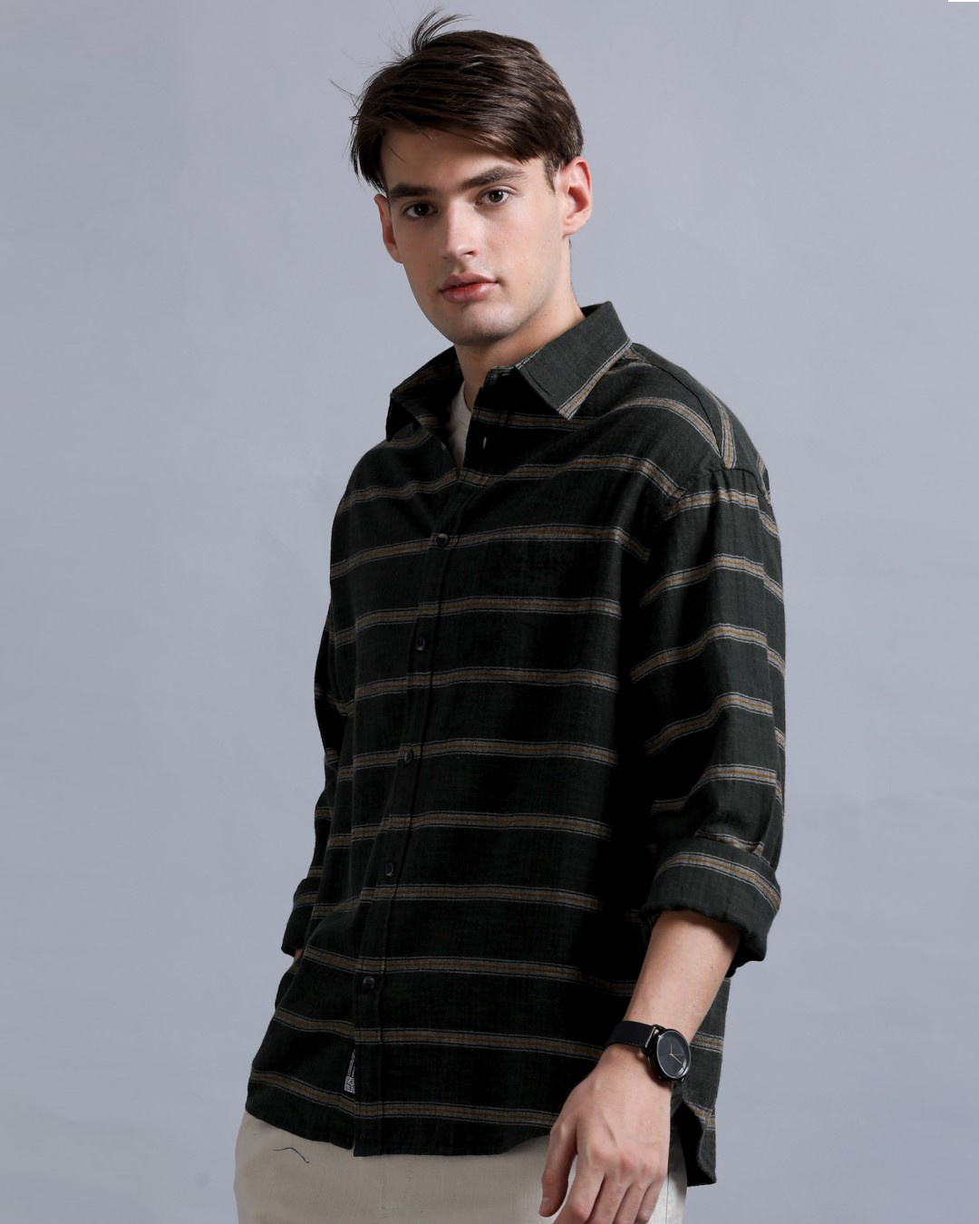 Shop Men's Dark Green Striped Oversized Shirt-Back