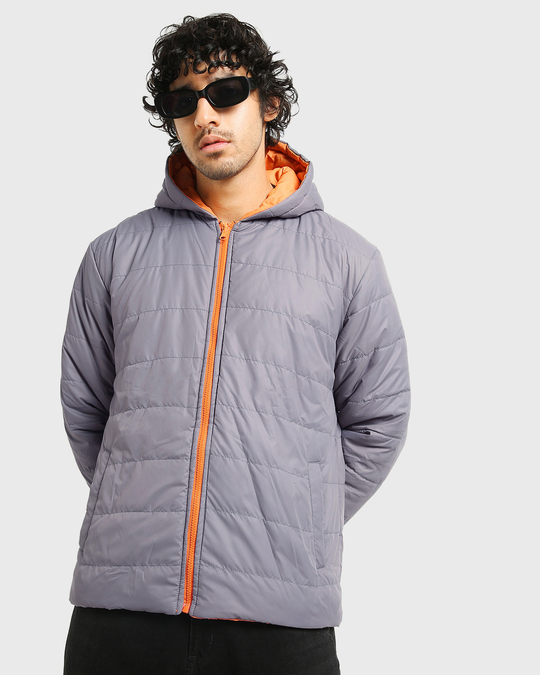 Shop Men's Dark Grey and Orange Reversible Oversized Puffer Jacket-Back