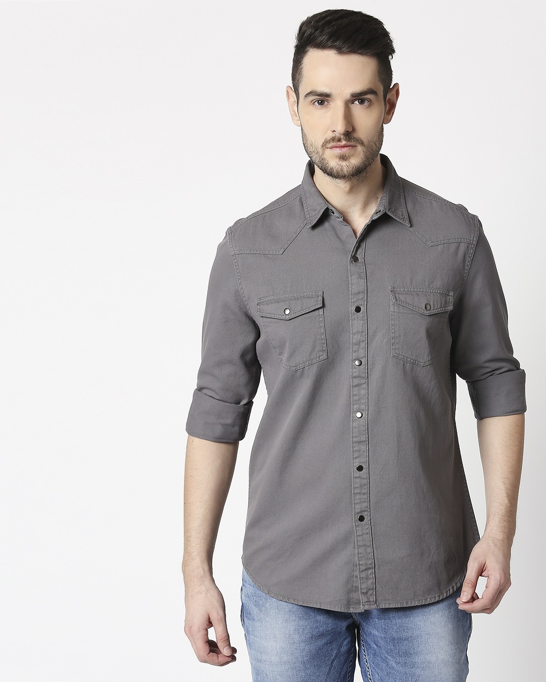 Shop Men's Dark Grey Casual Twill Over Dyed Slim Fit Shirt-Back