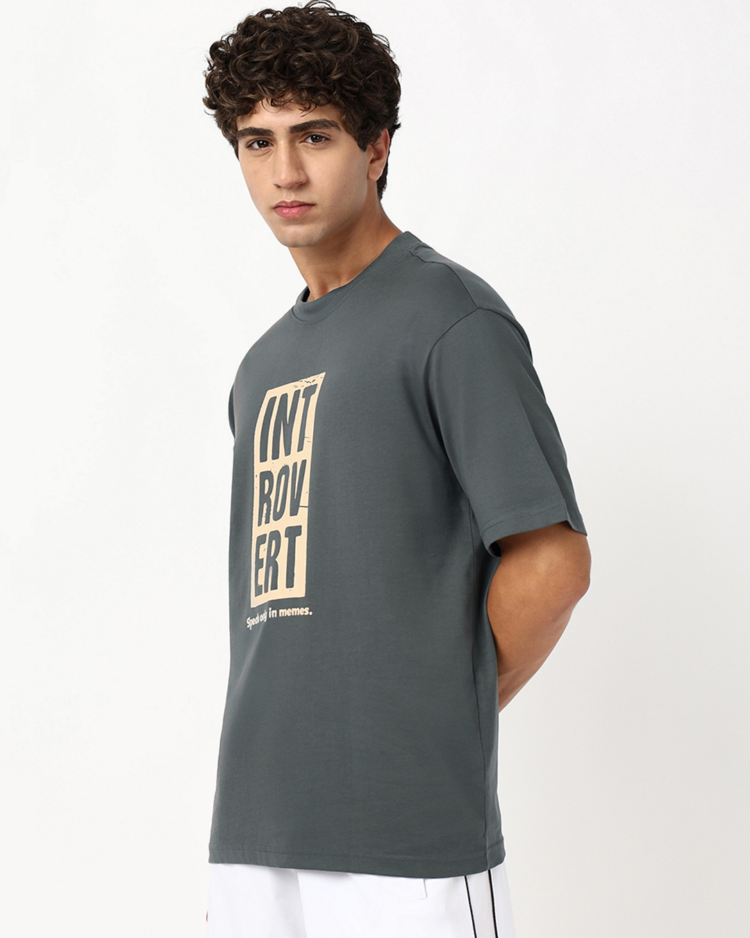 Shop Men's Dark Grey Introvert Typography Oversized T-shirt-Back