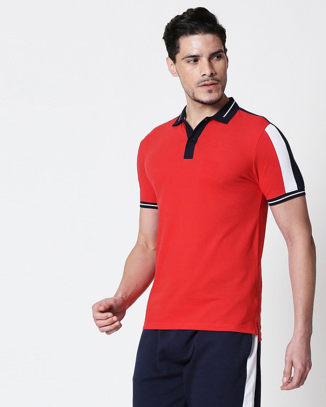 Shop Men's Dark Navy-White-Imperial Red Sporty Sleeve Panel Polo T-Shirt-Back