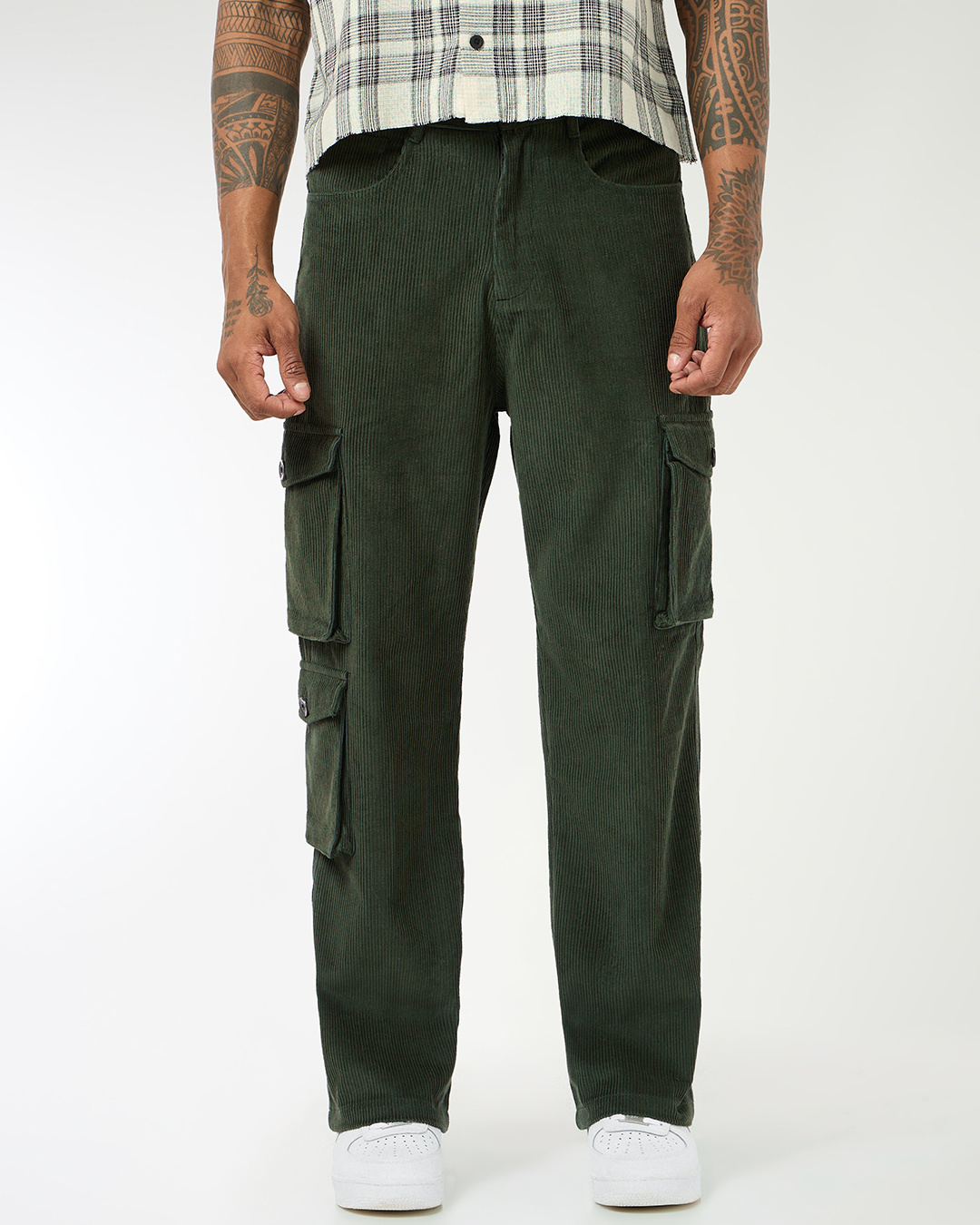 Shop Men's Dark Olive Green Straight Fit Cargo Corduroy Pants-Back