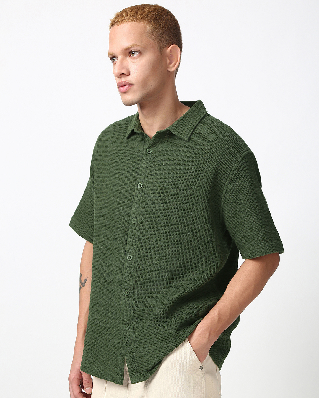 Shop Men's Dark Olive Green Textured Oversized Shirt-Back