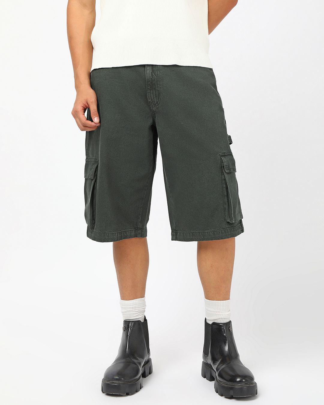 Shop Men's Dark Olive Green Washed Straight Fit Cargo Carpenter Shorts-Back