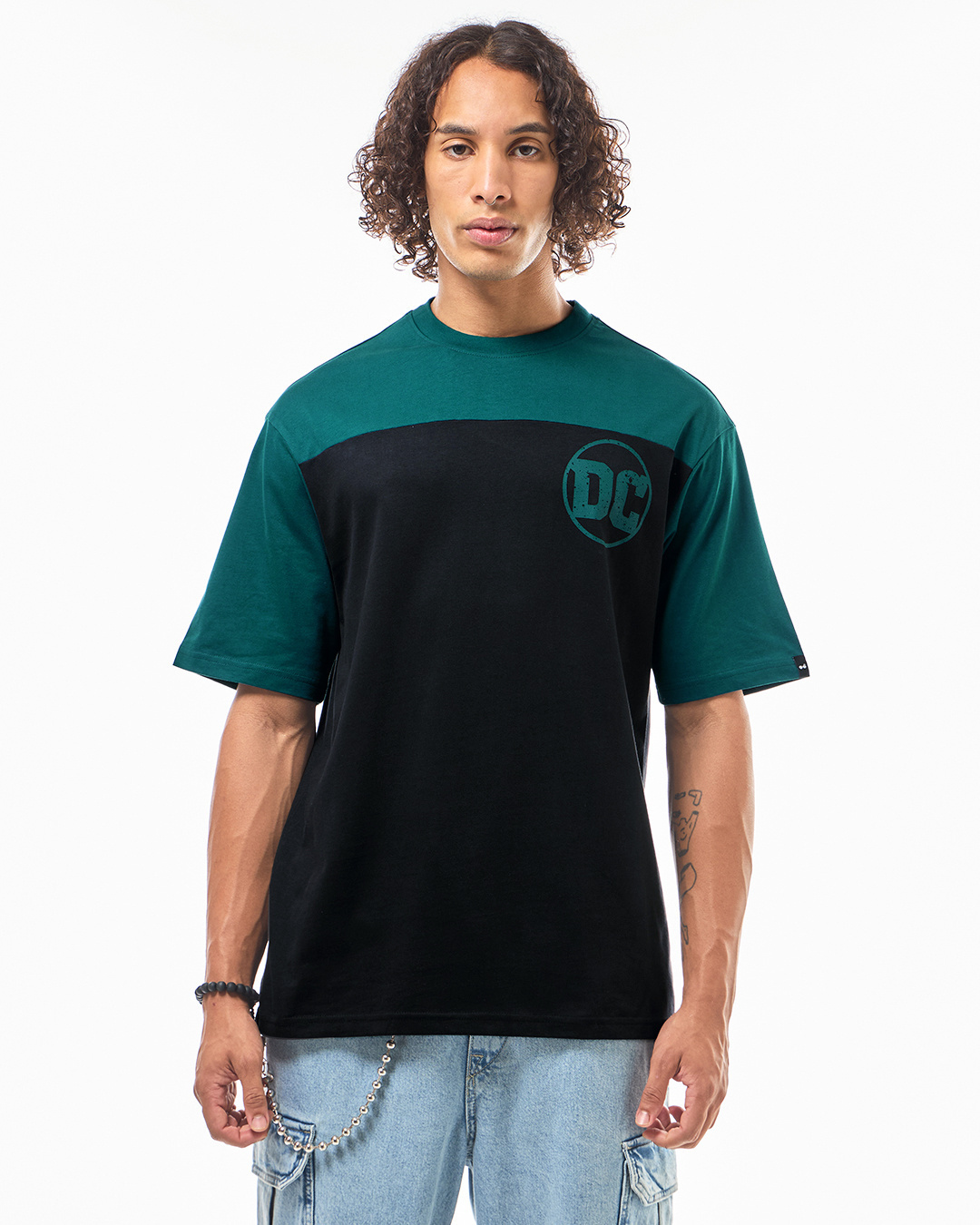 Shop Men's Green & Black Batman Teamup Graphic Printed Oversized T-shirt-Back