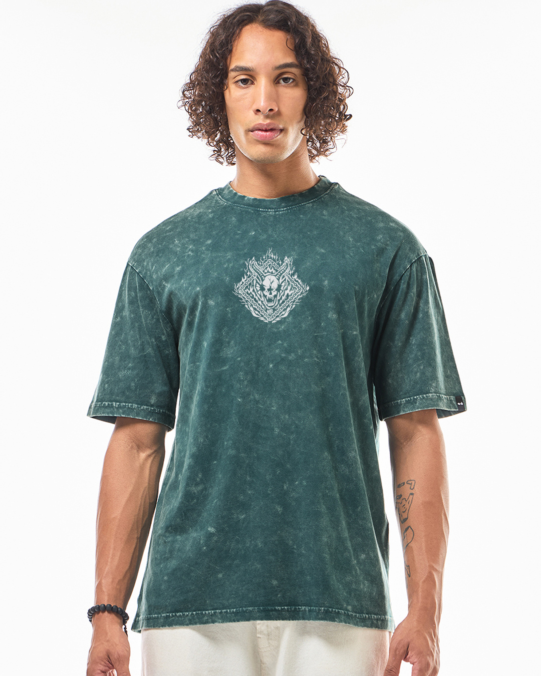 Shop Men's Dark Sea Green Typography Oversized Acid Wash T-Shirt-Back