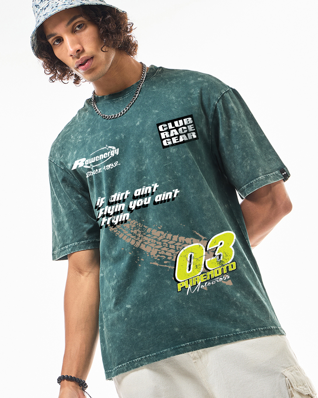 Shop Men's Dark Sea Green Pure Moto Graphic Printed Oversized Acid Wash T-shirt-Back