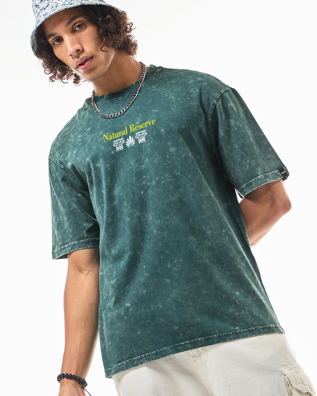 Shop Men's Dark Sea Green Sanctuary Graphic Printed Oversized Acid Wash T-shirt-Back
