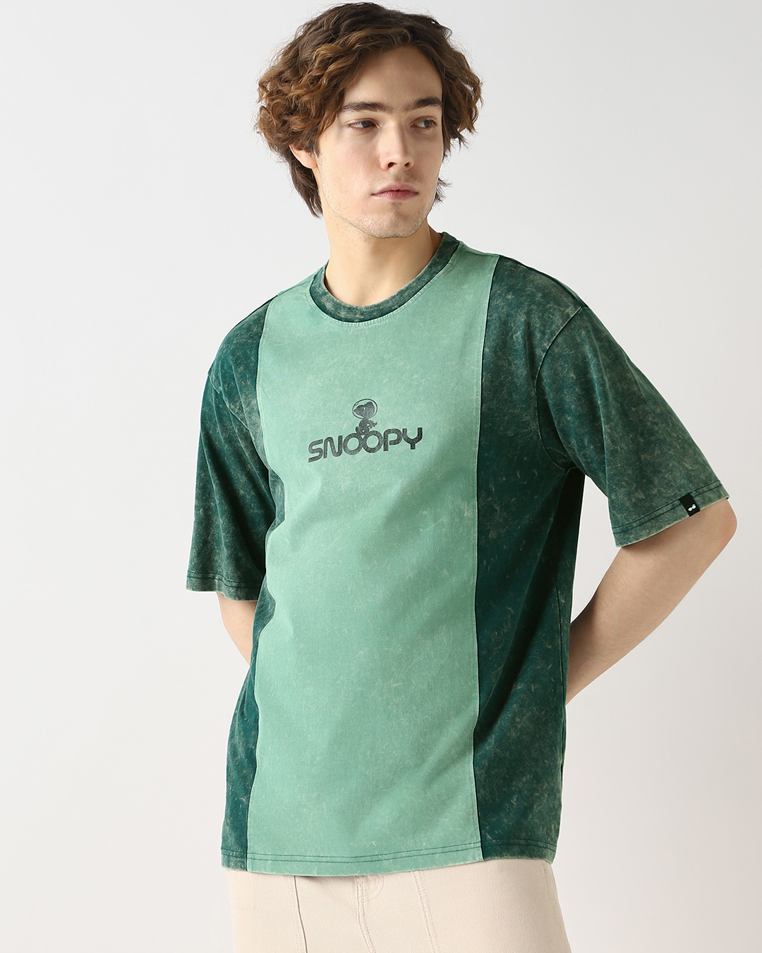 Shop Men's Dark Sea Green Snoopy Cut & Sew Oversized Acid Wash T-shirt-Back