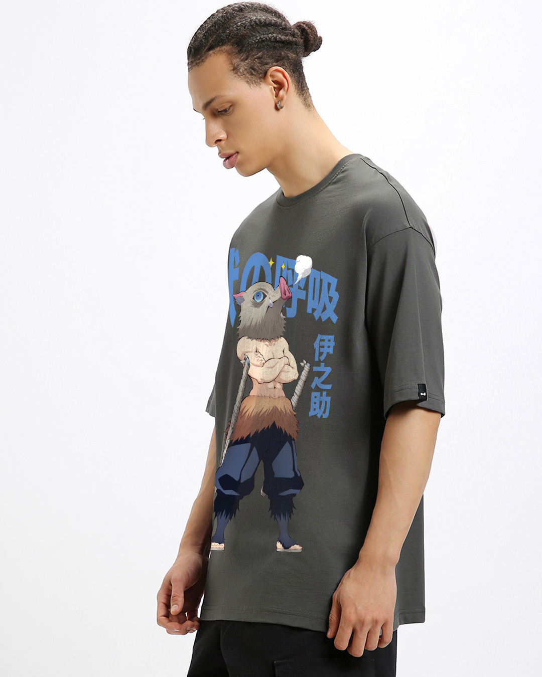 Shop Men's Dark Shadow Grey Inosuke Beast Breathing Graphic Printed Oversized T-shirt-Back