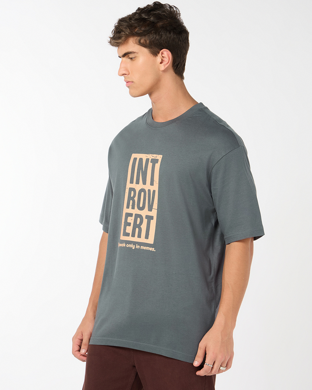 Shop Men's Dark Shadow Grey Introvert Typography Oversized T-shirt-Back