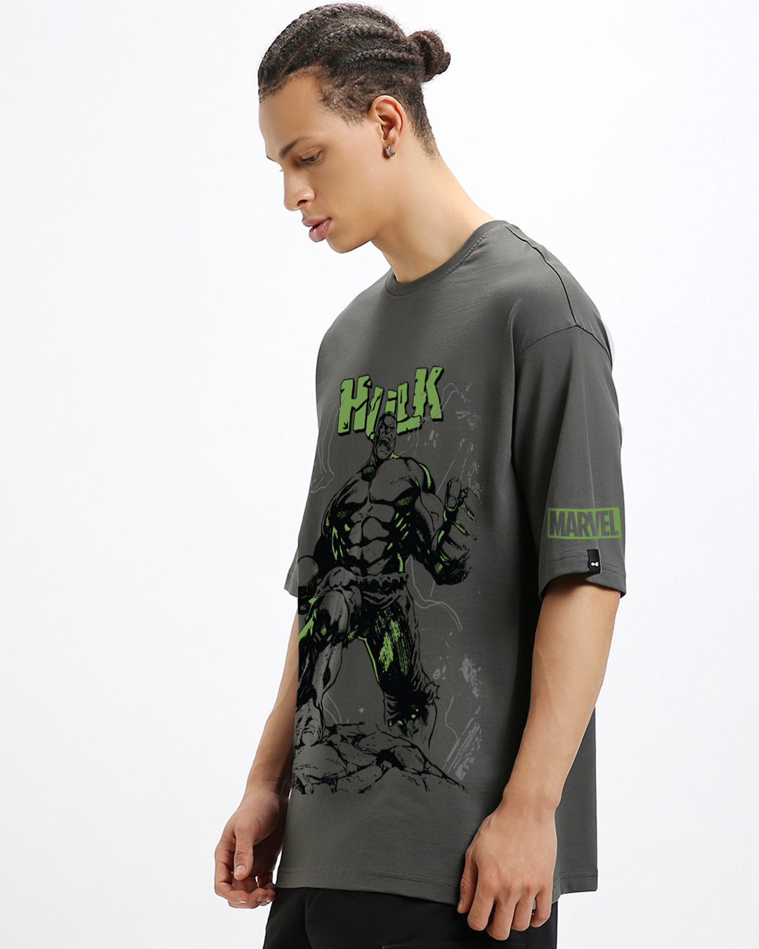 Shop Men's Dark Shadow Grey Marvel Hulk Graphic Printed Oversized T-shirt-Back