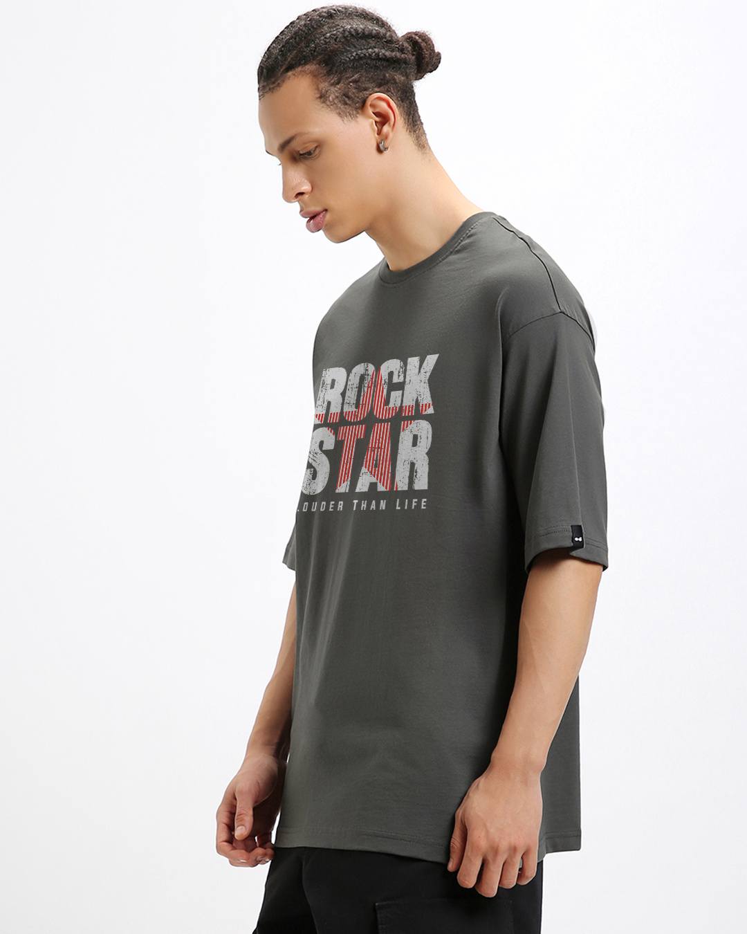 Shop Men's Dark Shadow Grey Rock Star Typography Oversized T-shirt-Back