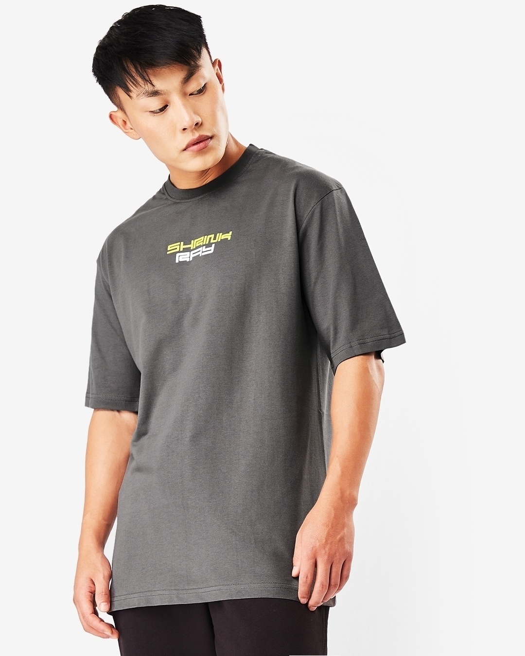 Shop Men's Grey Shrink Ray Typography Oversized Fit T-shirt-Back